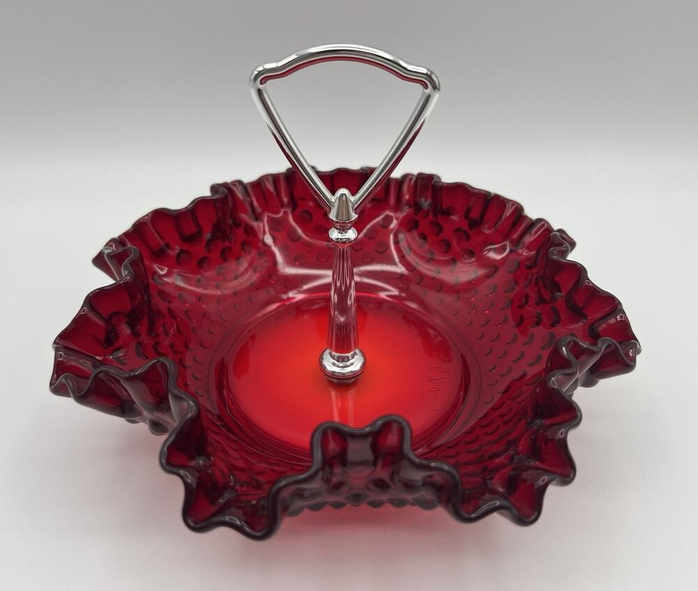 Fenton Ruby Red Hobnail Glass Ruffled Edge Bon Bon Candy Dish w Handle 8" VNTG
